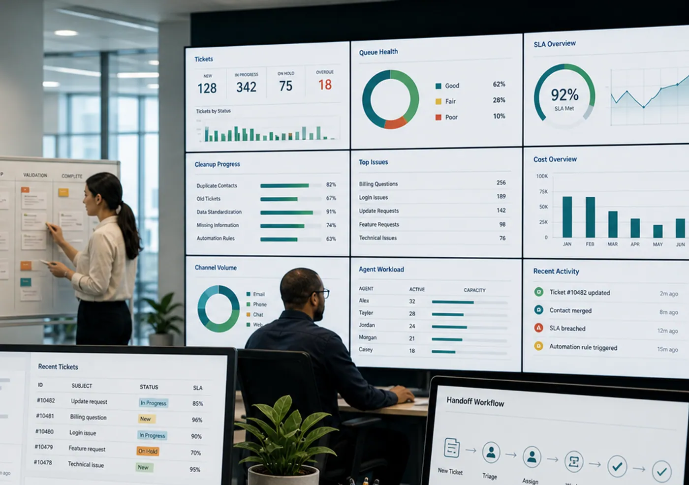 CRM operations dashboard showing ticket queue health, SLA risk, cleanup progress, and agent workload.