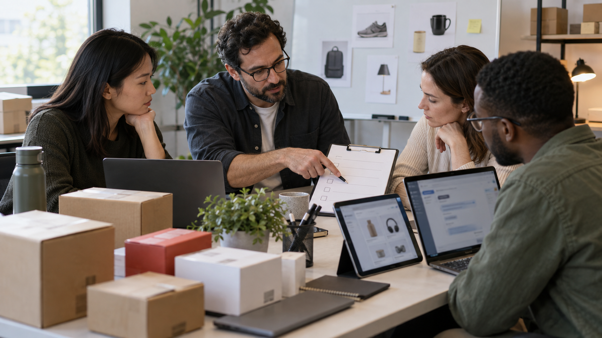 Synthetic editorial image of an unbranded ecommerce operations team reviewing AI shopping assistant answers, generic product boxes, blurred laptop screens and a blank checklist with no readable customer data or retailer logos.