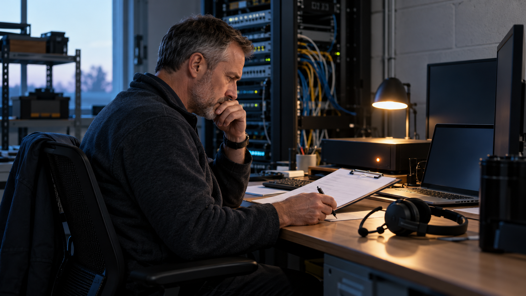 Synthetic representative editorial scene of an unbranded support-security responder reviewing a remote-support appliance incident; not BeyondTrust, a vendor or an actual incident.