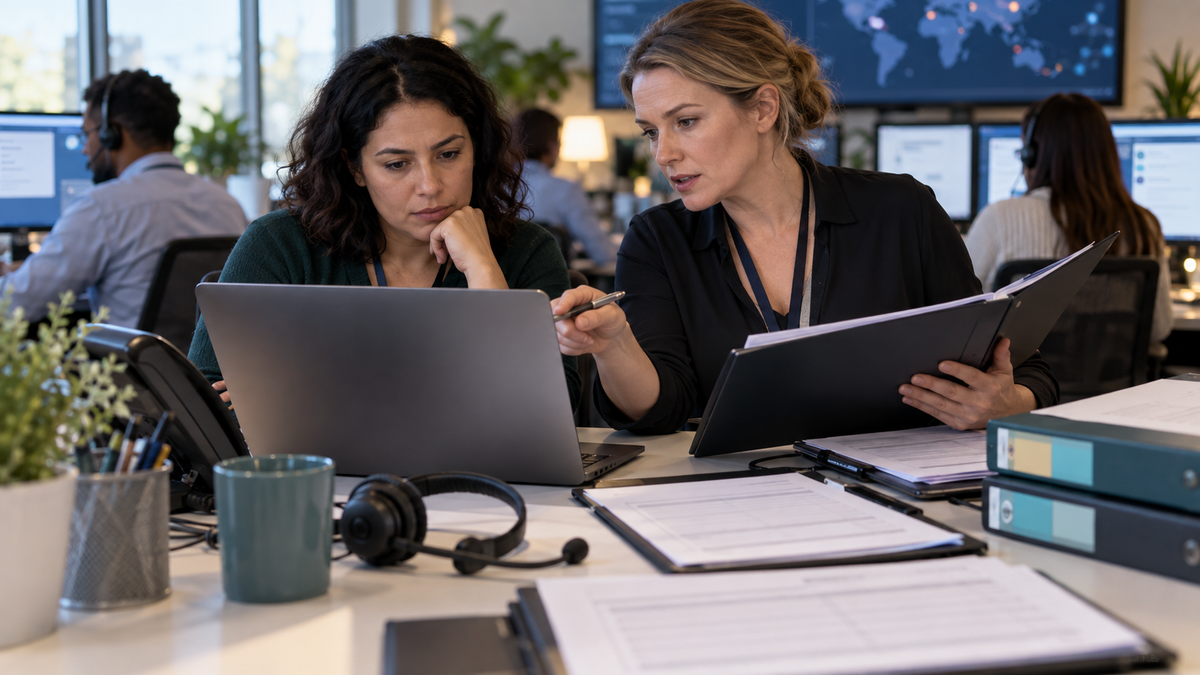 Synthetic editorial image of a compliance operations team reviewing unbranded chatbot safety workflows, blank audit documents and CRM escalation notes without minors or readable customer data.