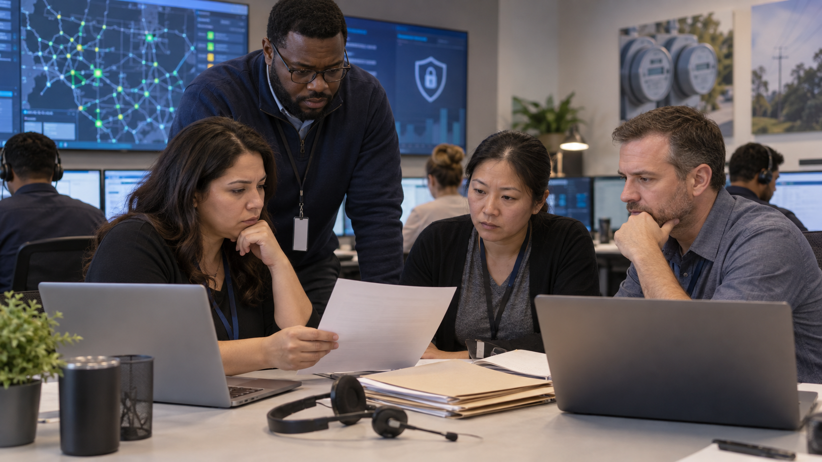 Synthetic editorial image of an unbranded customer support and security team reviewing blank customer-data exposure response paperwork, blurred dashboards, generic utility context and access folders without logos or readable personal data.