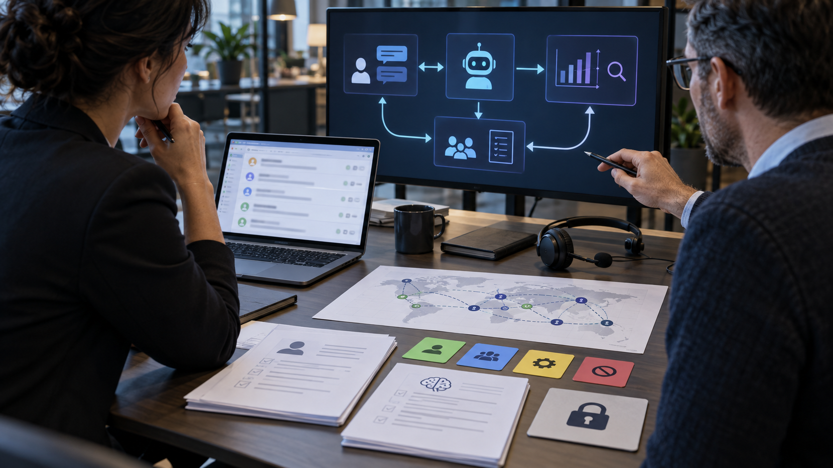 Synthetic editorial image of CRM operations and security reviewers examining unbranded customer-support tickets, AI workflow diagrams, blank provenance forms and access-control cards.