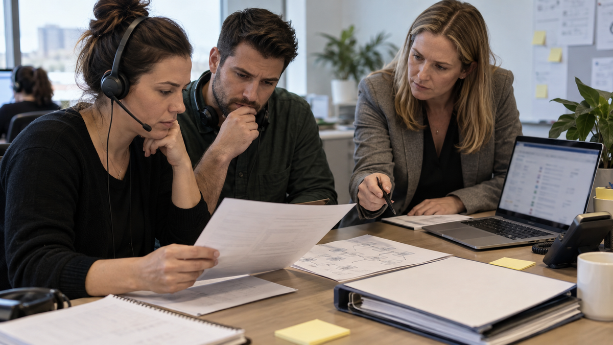 Synthetic representative editorial scene of an unbranded support desk reviewing cancellation and refund evidence; not Cleo AI, the FTC, a bank, an app interface or an actual customer file.