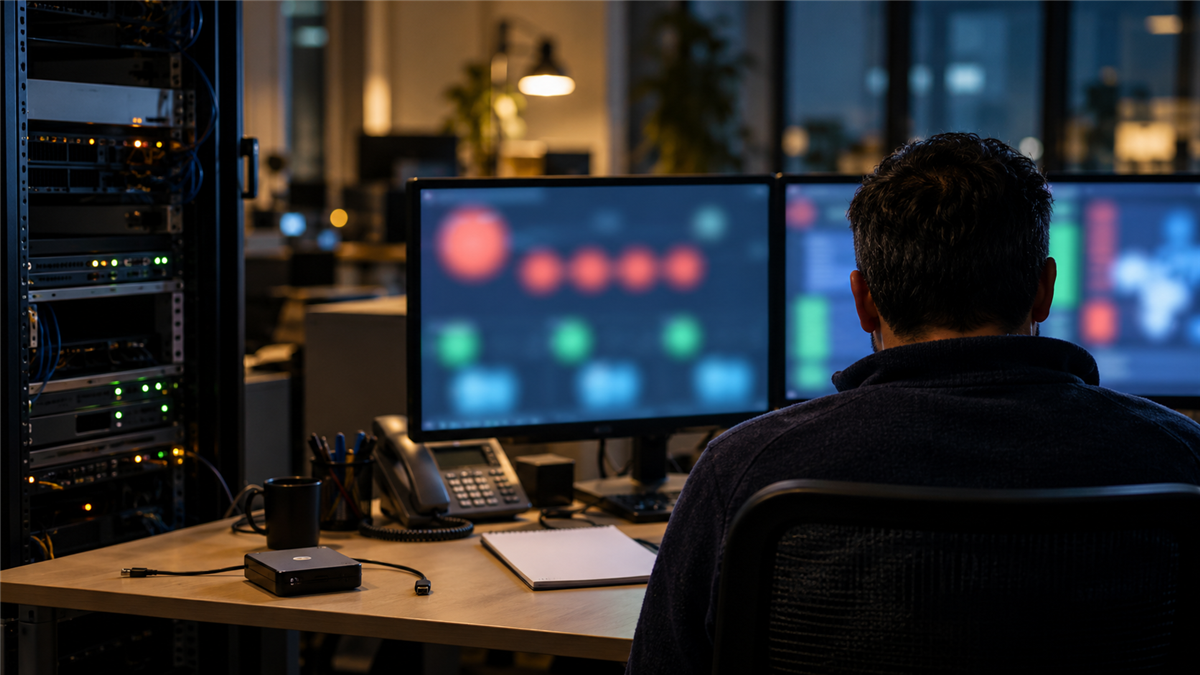 Synthetic representative editorial scene of an unbranded managed-service technician responding to a cloud backup interruption; not ConnectWise, a named customer or an actual event.