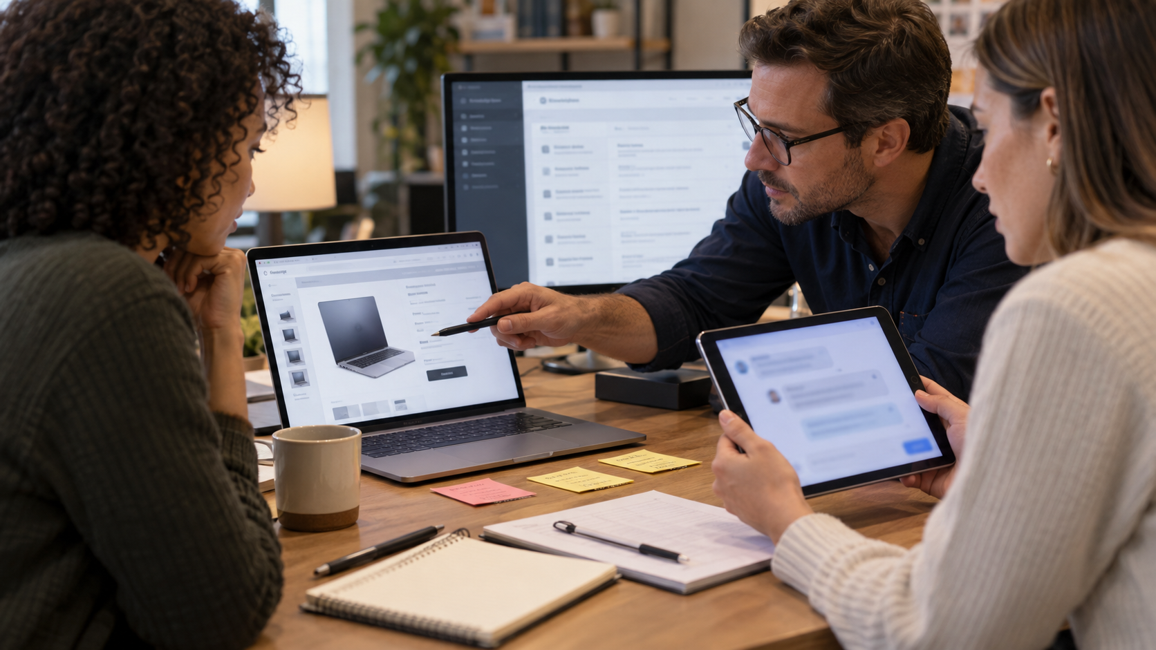 Synthetic editorial image of ecommerce and CRM operations reviewers comparing a laptop product page, blurred AI assistant conversation, CRM knowledge-base dashboard, blank audit paperwork and review notes without logos or readable customer data.