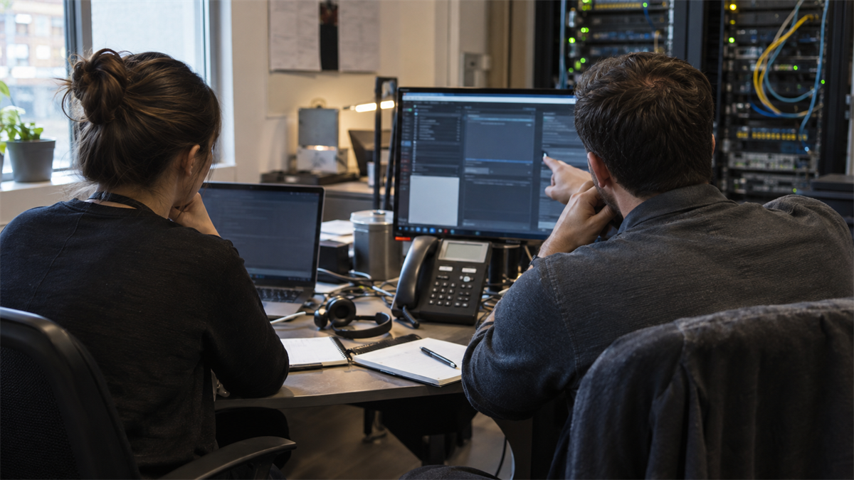 Synthetic representative editorial image of an unbranded support and security operations desk reviewing a helpdesk-platform incident, with blurred screens, desk phone, headset, server rack and blank paperwork; not a photo of DIVD, Zammad or the reported event.