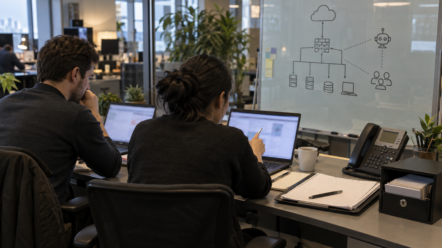 Synthetic editorial image of an unbranded CRM and security operations desk reviewing blurred dashboards, a generic network access diagram, blank incident paperwork, a desk phone and a locked credential tray with no logos or readable customer data.
