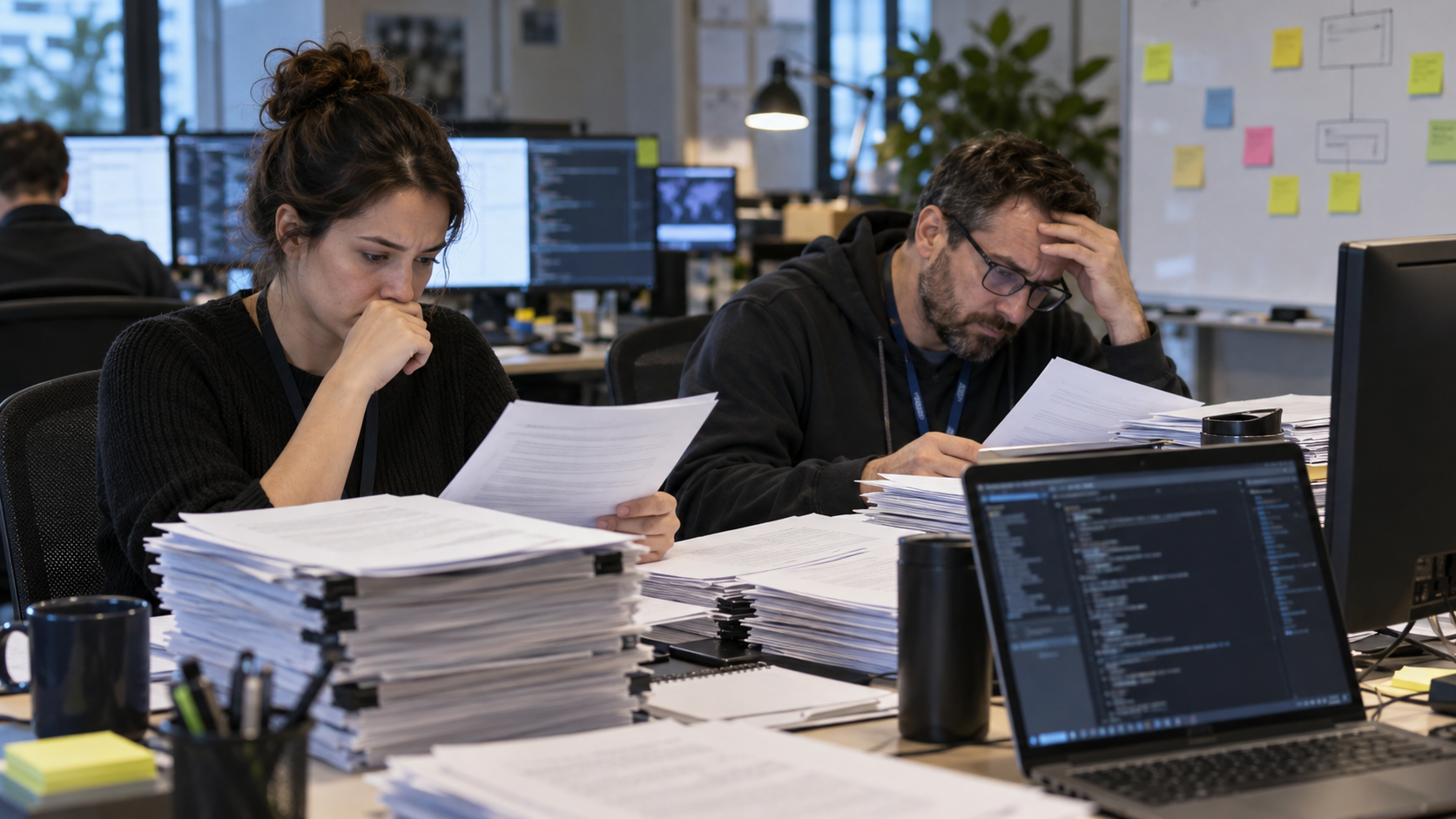 Synthetic representative editorial scene of an unbranded support and security team reviewing a flood of AI-assisted reports; not a Google office, CSA office or actual bug bounty queue.