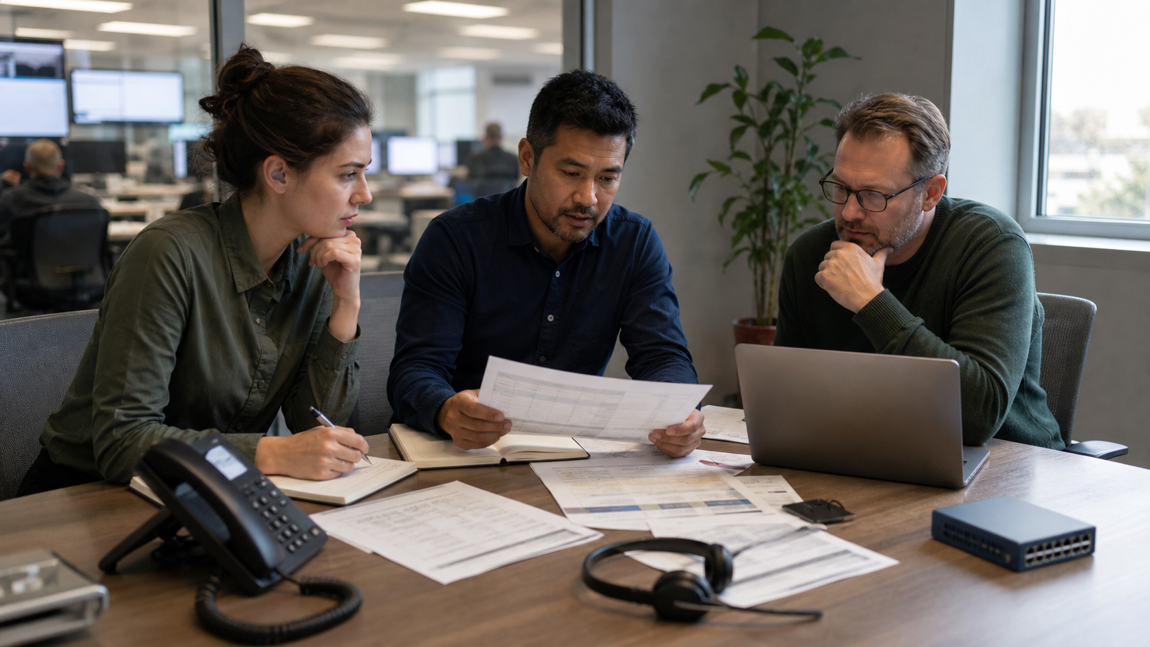 Synthetic editorial image of support operations and security teams reviewing unbranded CRM paperwork, desk phone, headset, laptops, and breach cost evidence.
