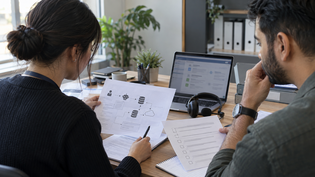 Synthetic representative editorial scene of an unbranded support and privacy team reviewing agentic AI data controls; not an ICO office or a named company.