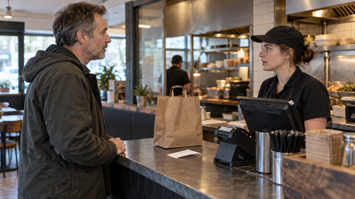 Synthetic representative editorial scene at an unbranded takeaway counter with a customer receipt and staff member; not a photograph of McDonald's or a reported event.