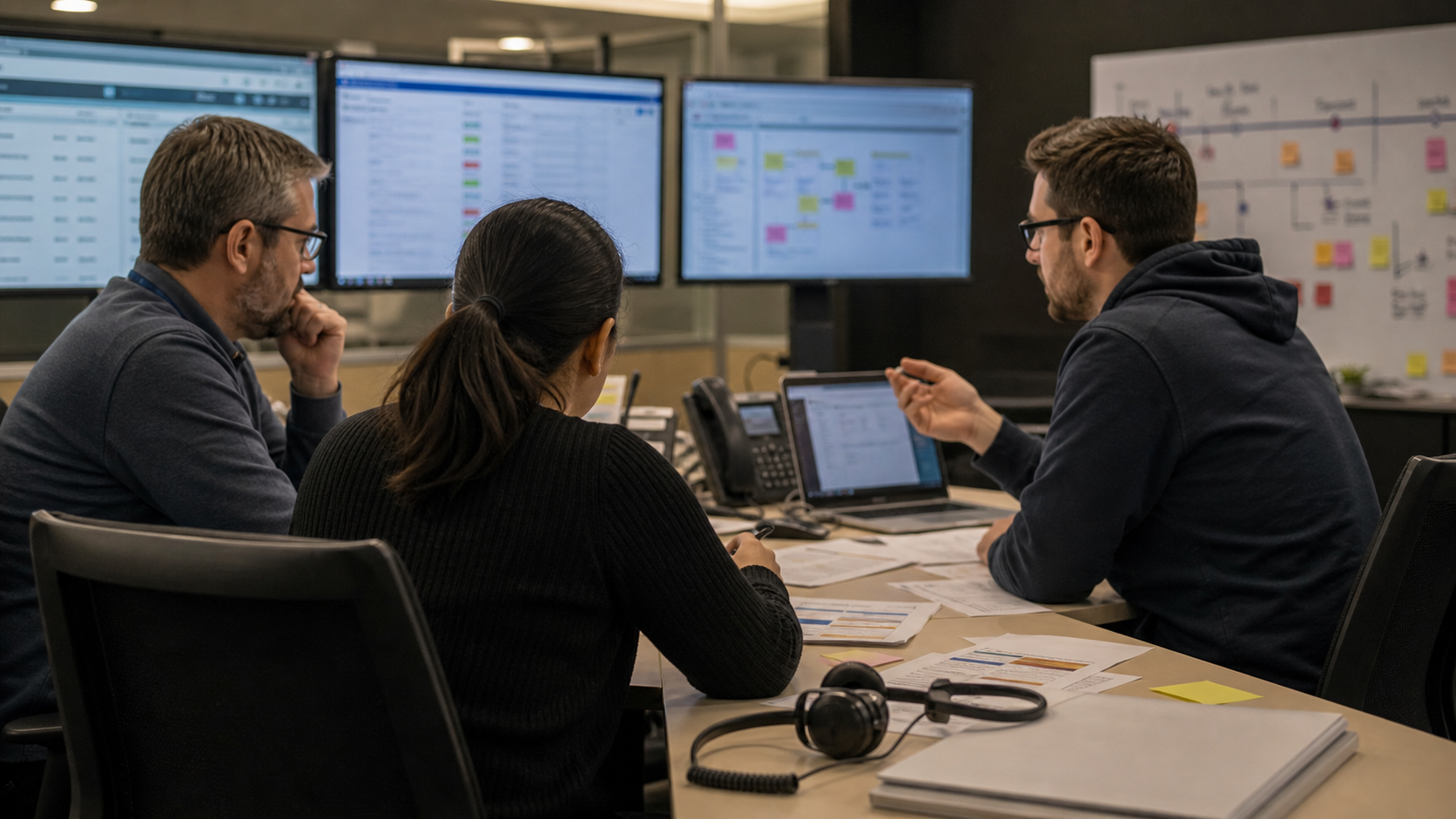 Synthetic editorial image of support and security staff reviewing unbranded dashboards, headsets, blank workflow board, and breach response paperwork.