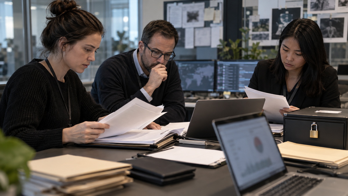 Synthetic editorial image of unbranded customer-operations and security reviewers examining blank legal request paperwork, blurred CRM dashboards, access-control folders and a locked document box without logos or readable personal data.