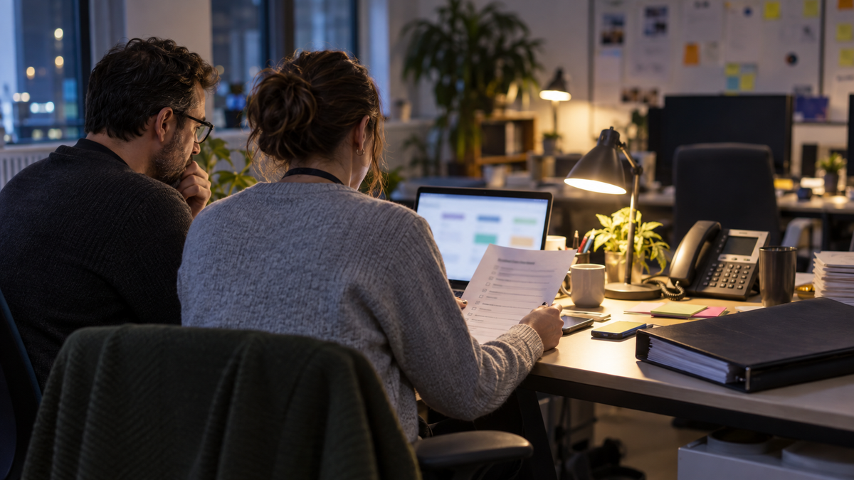 Synthetic editorial image of an unbranded nonprofit support operations desk reviewing a blurred CRM incident checklist, closed donor binder, desk phone and laptop with no logos, readable data or real event depiction.
