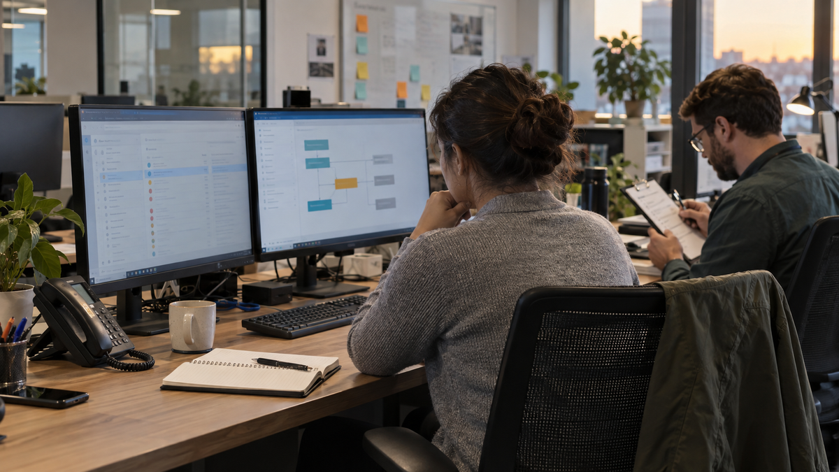 Synthetic representative editorial image of two unbranded support operations reviewers auditing a blurred CRM workflow and paper checklist in an ordinary office, with no logos, readable customer data or depiction of the reported incident.