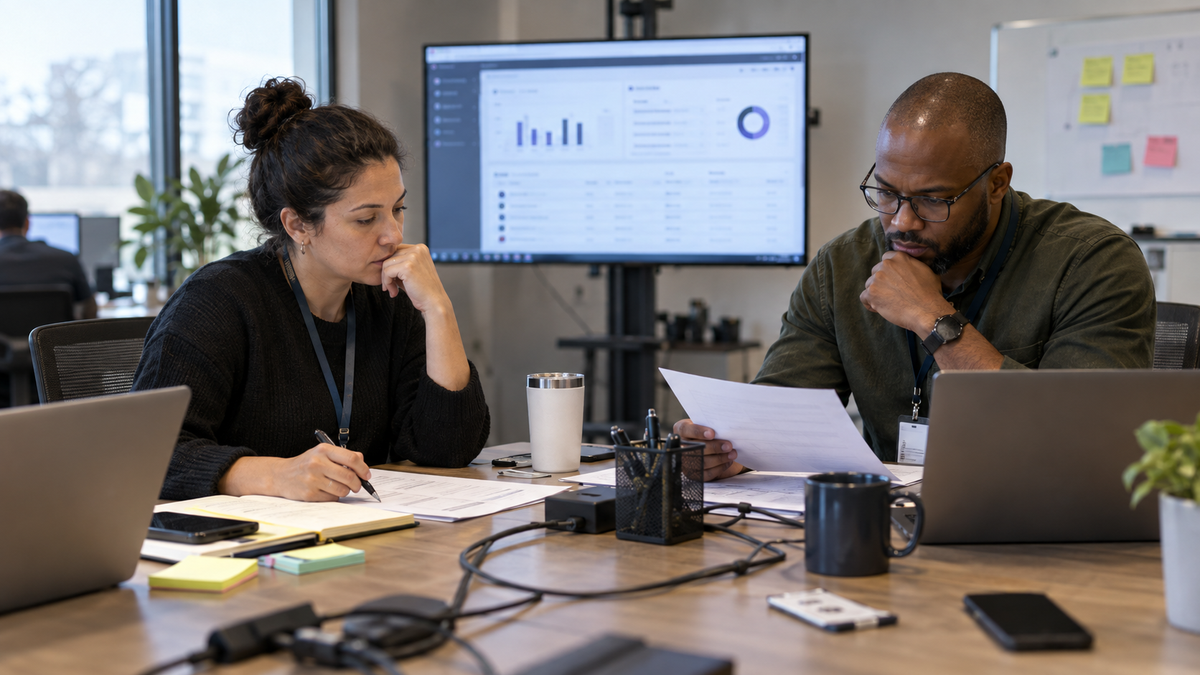 Synthetic editorial image of CRM operations reviewers examining an unbranded AI governance dashboard, blank workflow paperwork and access-control materials without logos or readable customer data.