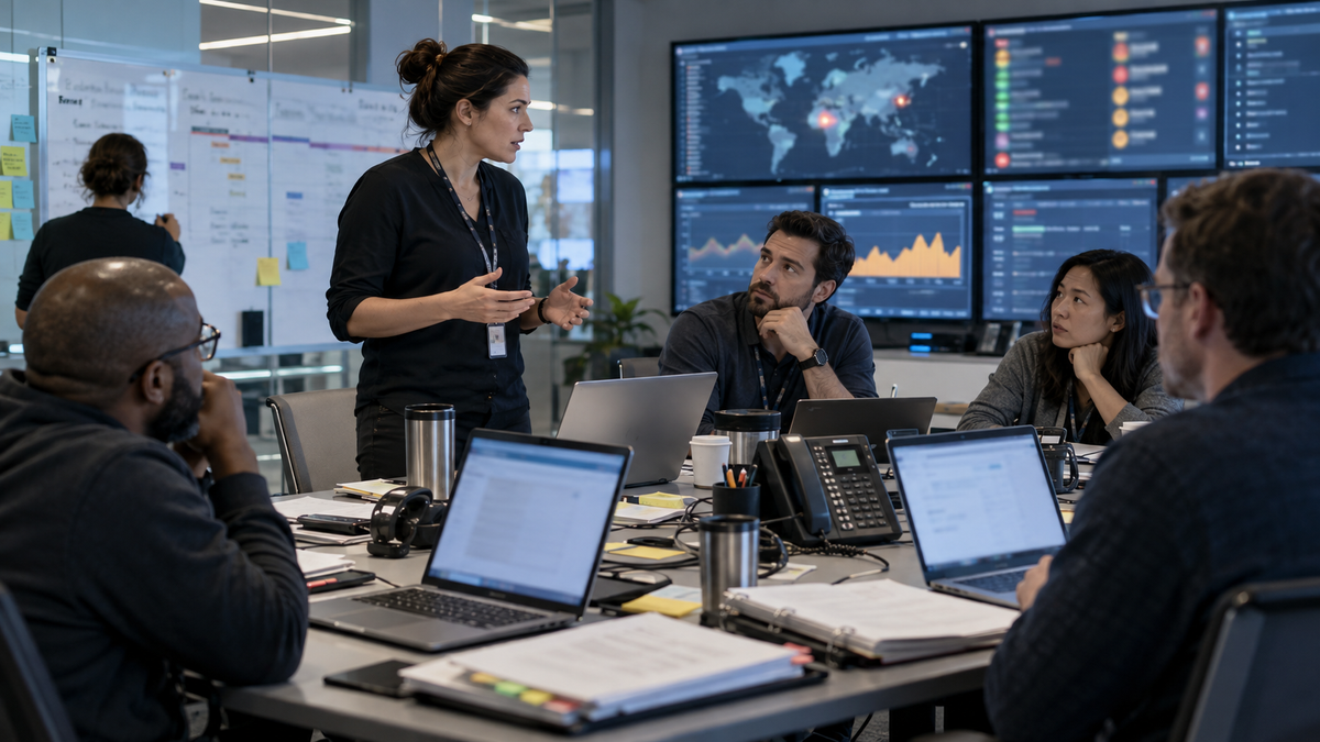 Synthetic editorial image of an unbranded CRM operations incident review room with blurred status dashboards, laptops, desk phones, blank incident binders and no logos or readable customer data.