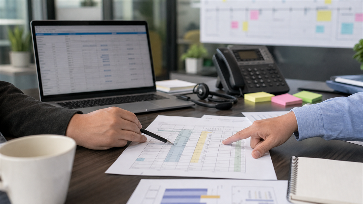Synthetic editorial image of CRM operations and finance staff reviewing unbranded laptops, desk phone, headset, blank staffing plans, and workflow paperwork.