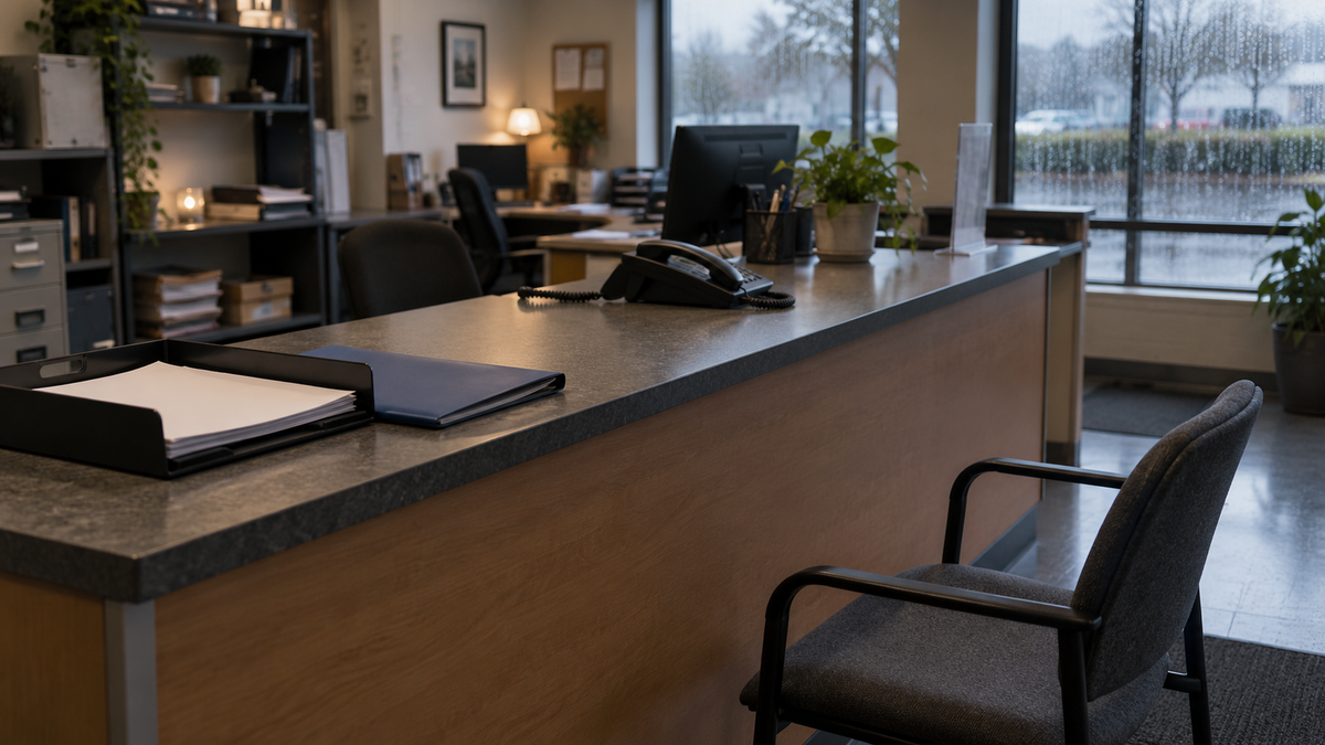 Synthetic representative editorial scene of an empty customer-service counter and visitor chair; not Telus, CCTS or an actual complaint.