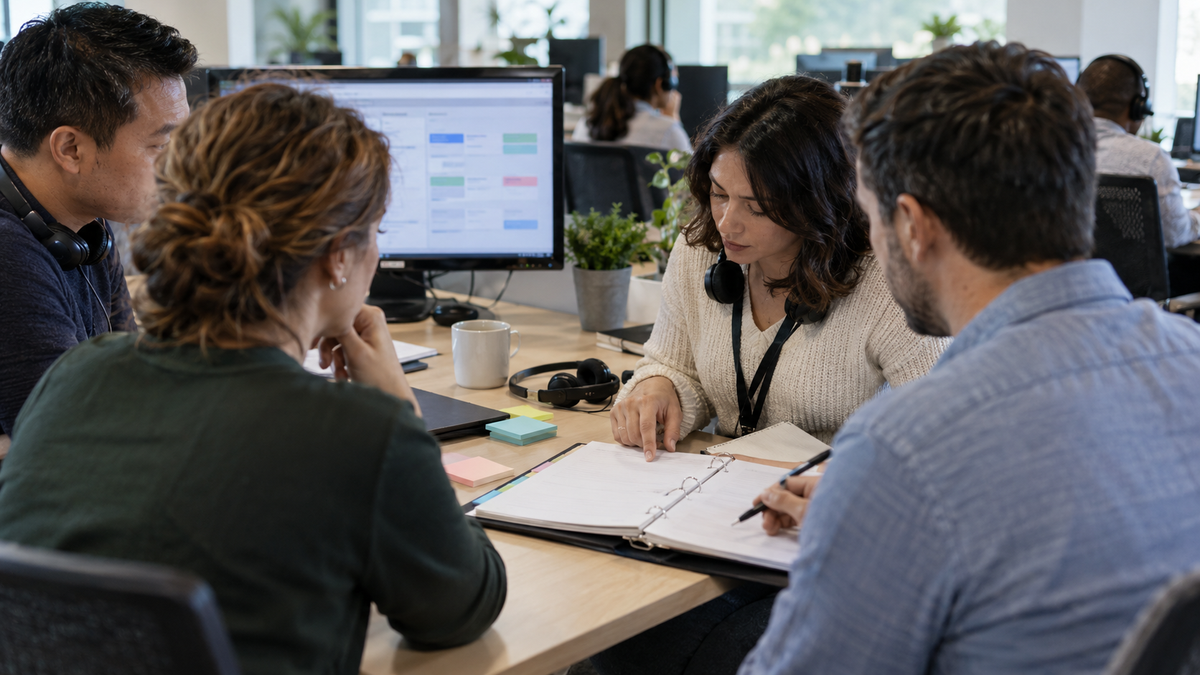 Synthetic representative editorial scene of an unbranded support team reviewing AI agent procedures; not Zendesk, Freshworks staff or an actual customer support room.