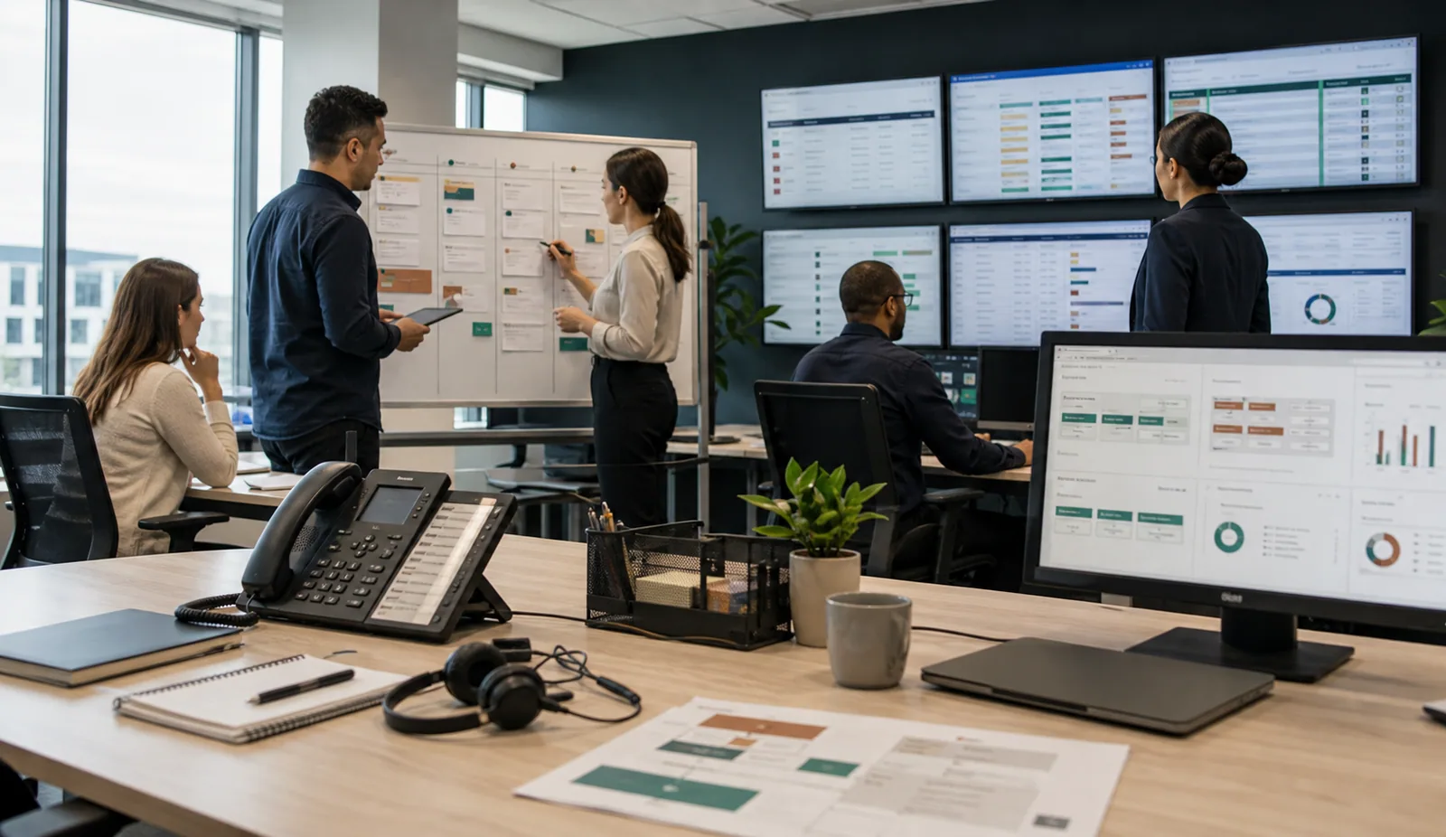 Support operations team reviewing CRM workflow boards and queue dashboards before agent handoff.
